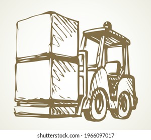 Power raise up weight wheel auto tractor view on white paper text space. Outline black hand drawn courier carry pack production lorry drive job logo sign design in modern art doodle line cartoon style