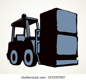 Power raise up weight wheel auto tractor view on white paper text space. Outline black hand drawn courier carry pack production lorry drive job logo sign design in modern art doodle line cartoon style