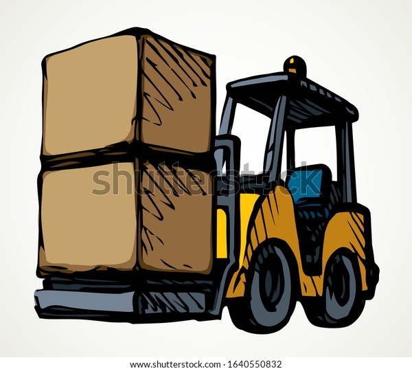 Power raise up weight wheel auto tractor view on\
white paper text space. Outline black hand drawn courier carry pack\
production lorry drive job logo sign design in modern art doodle\
line cartoon style