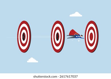 Power to reach targets, businessman superhero flying breakthrough target bullseyes.