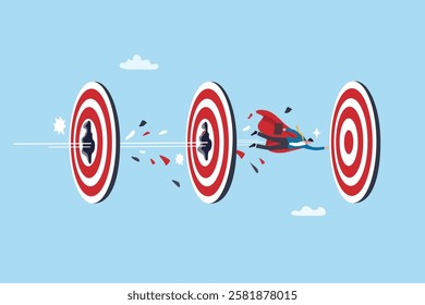 Power to reach targets, goals or achievements, aiming, challenge or aspiration to success, motivation or strength, leadership skill concept, businessman superhero flying breakthrough target bullseyes.