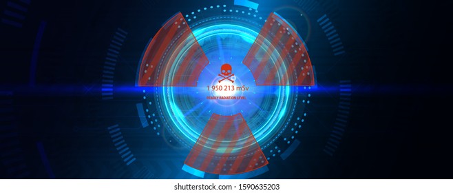 Power reactor with futuristic interface HUD. Abstract technology circle with radiation symbol on a dark and blue background. Futuristic user interface element. Hi-tech background. Vector illustration