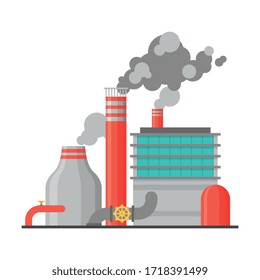 Power Refinery Plant Industrial Building with Smoking Chimneys Flat Vector Illustration