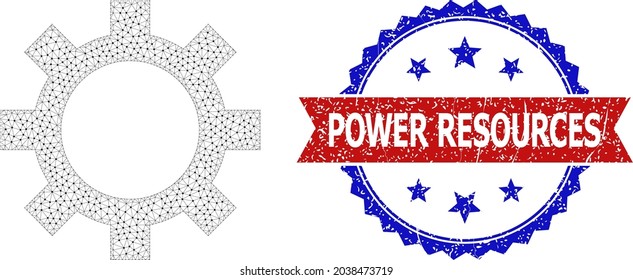 Power Resources unclean stamp, and cog icon polygonal model. Red and blue bicolor stamp has Power Resources tag inside ribbon and rosette. Abstract flat mesh cog, created from flat mesh.