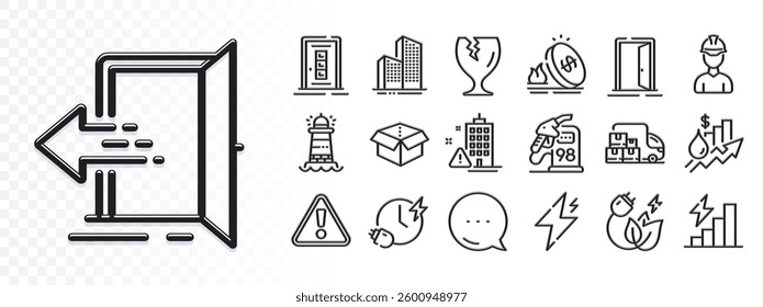 Power, Rise price and Lighthouse line icons for web app. Glare of light effect. Message icon. Pack of Building warning, Consumption growth, Entrance pictogram icons. Vector