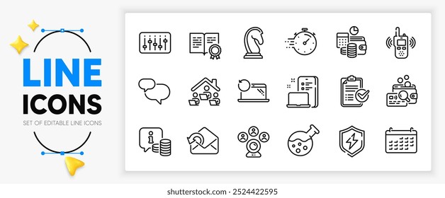 Power safety, Chat message and Calendar line icons set for app include Device, Timer, Survey checklist outline thin icon. Recovery laptop, Marketing strategy, Transmitter pictogram icon. Vector