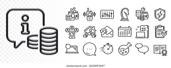 Power safety, Chat message and Calendar line icons for web app. Glare of light effect. Message icon. Pack of Device, Timer, Survey checklist pictogram icons. Vector