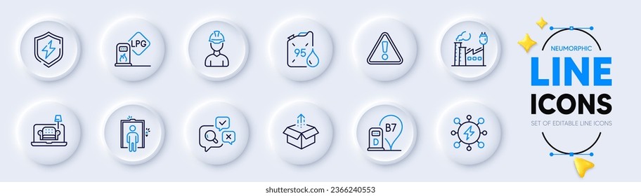 Power, Power safety and Warning line icons for web app. Pack of Diesel station, Furniture, Foreman pictogram icons. Elevator, Send box, Factory signs. Gas station, Petrol canister, Inspect. Vector