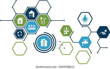 Energiesparen und häusliche Energie, Vektorgrafik. Grünes Konzept mit Symbolen, die die Energiekosten senken, die Energieeffizienz erhöhen und die Temperatur des Thermostaten regulieren.