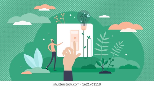 Power saving sustainable development green concept, flat tiny person abstract vector illustration with light bulb and hand on switch. Global climate awareness movement and clean natural environment.