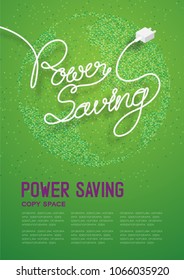 Power Saving text made from plug cable white color, Environment concept design illustration isolated on green gradient geometric world square pattern background, with copy space