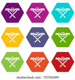 Power saw bench icon set many color hexahedron isolated on white vector illustration