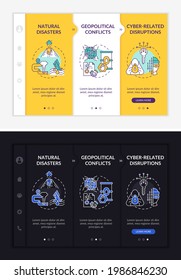 Power secure risks onboarding vector template. Responsive mobile website with icons. Web page walkthrough 3 step screens. Catastrophes, conflicts night and day mode concept with linear illustrations