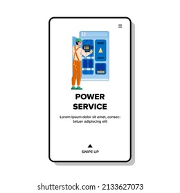 Power Service Worker Fix Electrical Cabinet Vector. Power Service Engineer Checking And Fixing Voltage And Electric Cables. Character Man Maintenance Connection Web Flat Cartoon Illustration