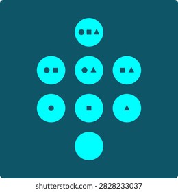 Power set: This icon shows the power set of a three-element set as eight small loops arranged by size. An empty loop sits alone at the bottom, a row of three single-member loops sits above it, a row of three paired-member loops sits above that, and one loop containing every member sits alone at the top. A circle, a square, and a triangle mark the individual members, so each loop's marks reveal exactly which subset it represents. Built for math and computer science education content covering set theory and combinatorics.