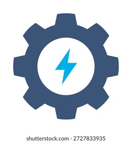 Icono de Configuraciones de energía Vector plano azul diseño engranaje símbolo de relámpago mecánica de energía motor eléctrico elemento gráfico signo