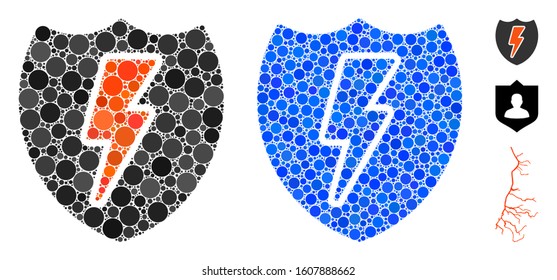 Power shield composition of spheric dots in variable sizes and shades, based on power shield icon. Vector round dots are grouped into blue composition.