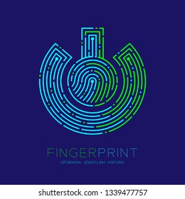 Power sign Fingerprint scan pattern logo dash line, digital technology connect concept, Editable stroke illustration green and blue isolated on dark blue background with Fingerprint text, vector