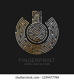 Power sign Fingerprint scan pattern logo dash line, digital technology connect concept, illustration silver and gold isolated on black background with Fingerprint text, vector