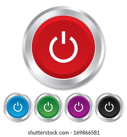 Power sign icon. Switch on symbol. Turn on energy. Round metallic buttons. Vector