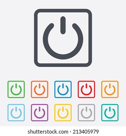 Power sign icon. Switch on symbol. Turn on energy. Round squares buttons with frame. Vector