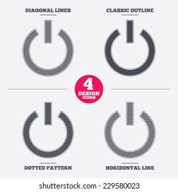 Power sign icon. Switch on symbol. Turn on energy. Diagonal and horizontal lines, classic outline, dotted texture. Pattern design icons.  Vector