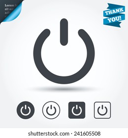 Power sign icon. Switch on symbol. Turn on energy. Circle and square buttons. Flat design set. Thank you ribbon. Vector