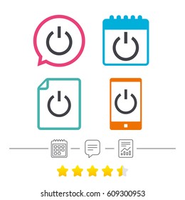 Power sign icon. Switch on symbol. Turn on energy. Calendar, chat speech bubble and report linear icons. Star vote ranking. Vector