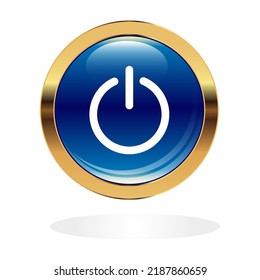Power sign on blue glossy button. Start power sphere button, ui icon design, on off application symbol