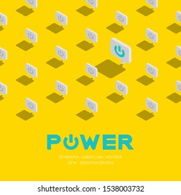 Power sign in speech bubble message 3d isometric pattern, Technology startup concept poster and social banner post square design illustration isolated on yellow background with space, vector eps 10