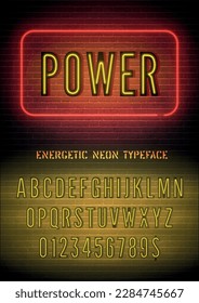 Power sign with yellow neon narrow alphabet on dark brick wall background. Vector illustration