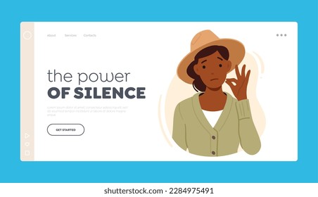 Power of Silence Landing Page Template. Woman Showing Gesture Of Silence With An Fingers Placed In Front Of Her Lips, Indicating To Remain Quiet Or Keep A Secret. Cartoon People Vector Illustration