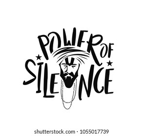 Power of silence text, sketch of spiritual male, vector illustration