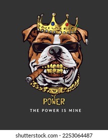 power slogan with cool dog in sunglasses and golden teeth vector illustration on black background