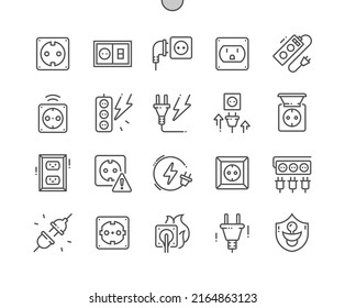 Power socket. Electricity, wires, cables, current and electric voltage. Safety. Pixel Perfect Vector Thin Line Icons. Simple Minimal Pictogram