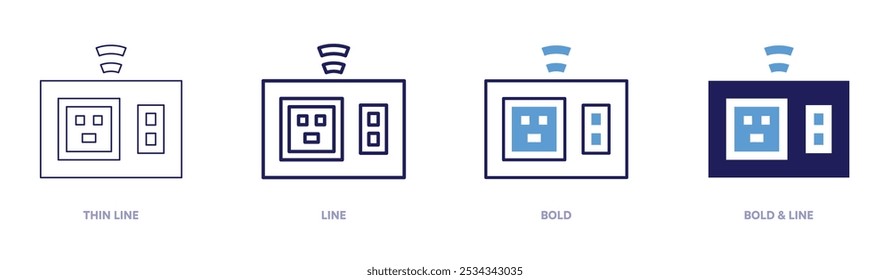 Icono de toma de corriente en 4 estilos diferentes. Línea delgada, línea, negrita y línea negrita. Estilo duotono. Trazo editable.