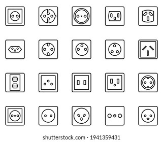 Power socket icon set. Collection of high quality outline web pictograms in modern flat style. Black symbol for web design and mobile app on white background. Line logo EPS10