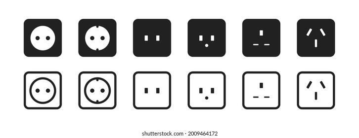 Power socket icon set. Country type electric socket illustration. Simple charge symbol in vector flat style.