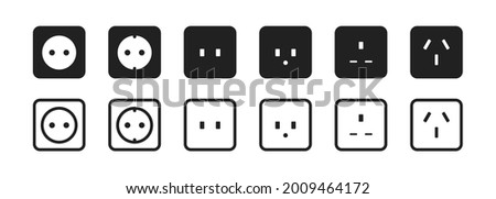 Power socket icon set. Country type electric socket illustration. Simple charge symbol in vector flat style.