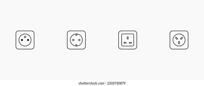 Power socket icon set. E, F, G, and H power socket types line icon set for charge