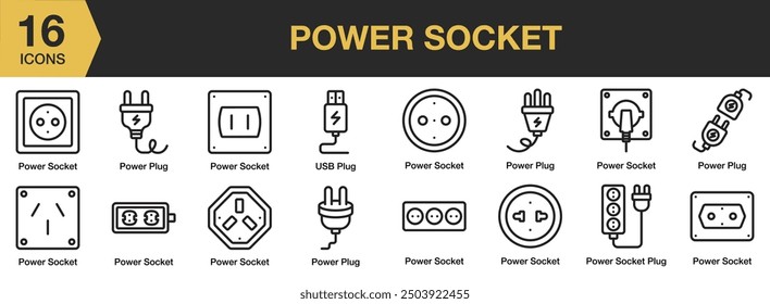 Power Socket icon set. Includes power plug, power socket, usb plug and More. Outline icons vector collection.