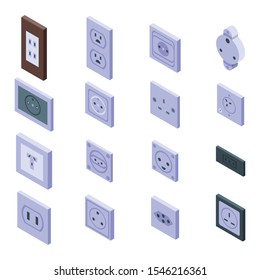 Power socket icons set. Isometric set of power socket vector icons for web design isolated on white background