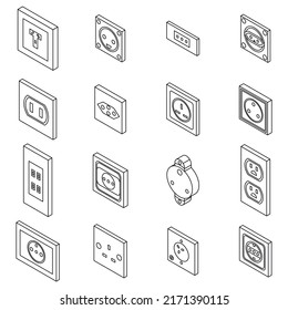 Power socket icons set. Isometric set of power socket vector icons outline isolated on white background