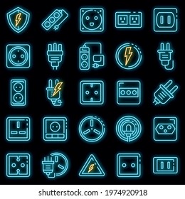 Power socket icons set. Outline set of power socket vector icons neon color on black