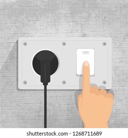 Power Socket. Light Switch. Connecting The Plug. Finger Pressing Light Switch Button. Gray Background