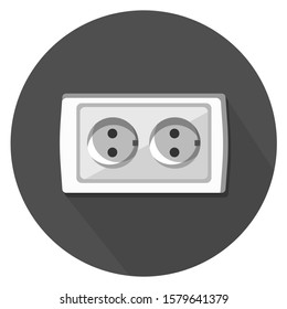 Power socket, outlet icon. White double socket outlet on wall with two pins, grounded, compatible with plug types C, E, F. Electrical Wiring Tool and Accessory used in Europe, South America, Asia. 