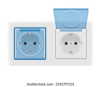 Power socket with plastic case, cover for protection, child-proofed system. Electricity object isolated on white background. European connection, household electrical source.