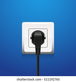 Power socket and plug on blue background, realistic vector