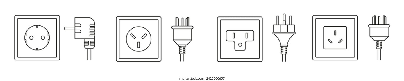 power socket plug world standards line icons vector designs