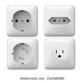 Power socket, switch and extension vector outlet for electric plugs and electricity illustration. Set of different types of power isolated sockets and switchers.